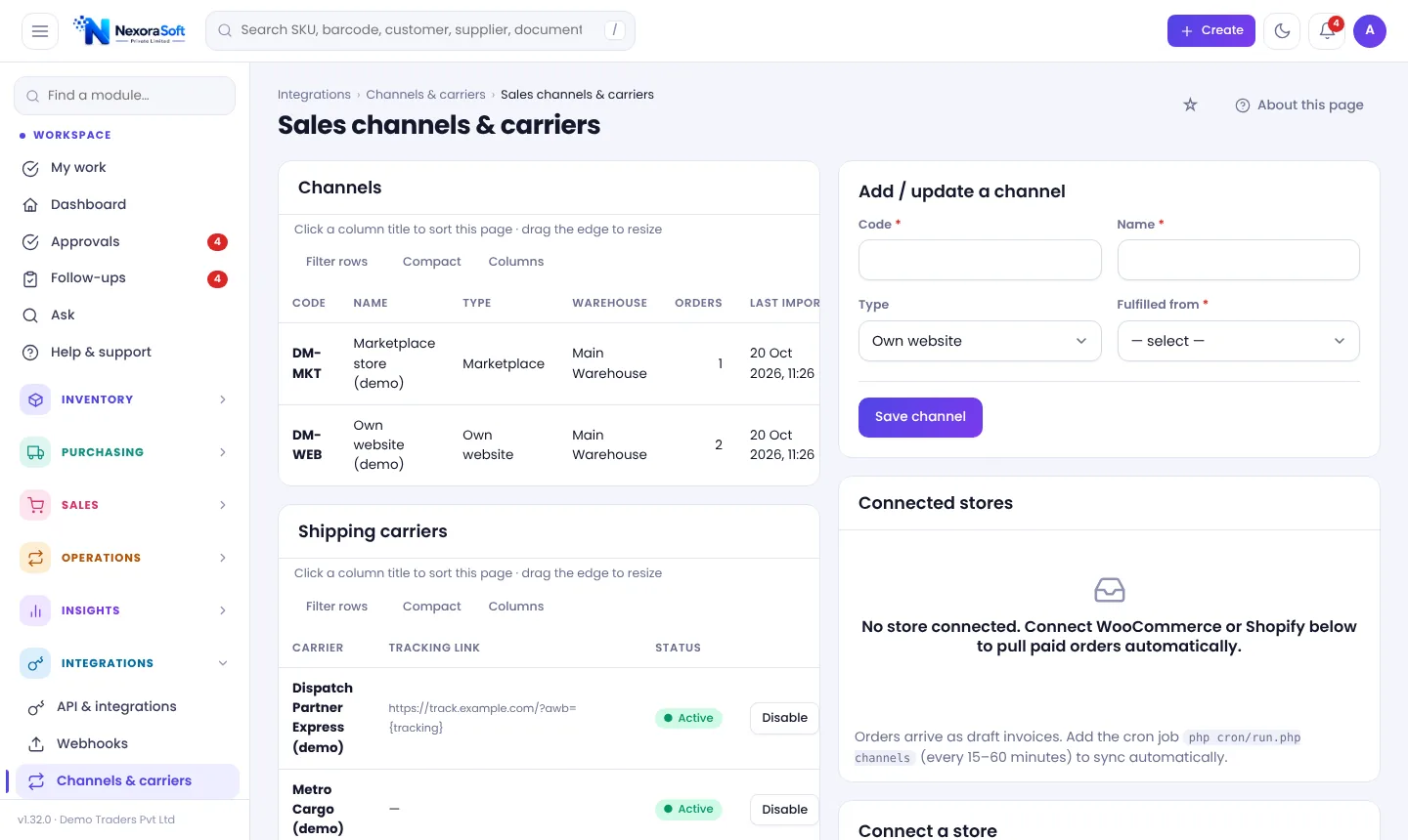 Sales channels and carriers screen in NexoraIMS with marketplace and website channels, shipping carriers and connected stores