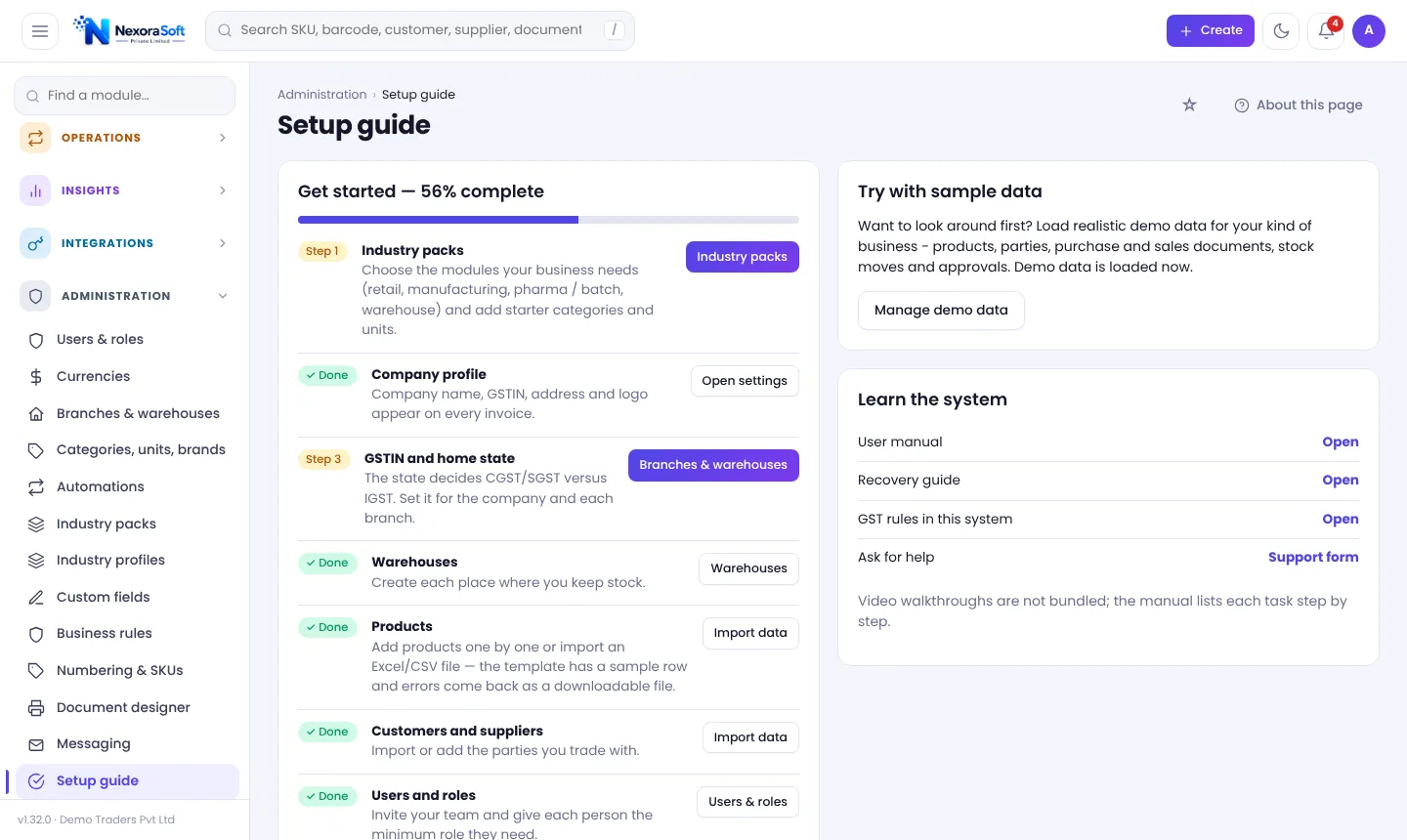 Setup guide in NexoraIMS with company profile, GSTIN, warehouses, products and users steps and a try with sample data option