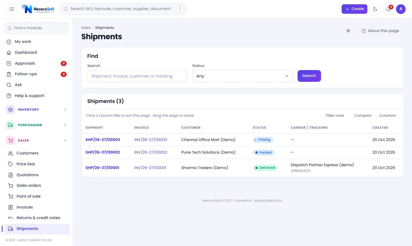 Shipments screen in NexoraIMS listing shipment numbers with invoice, customer, picking, packed and delivered status