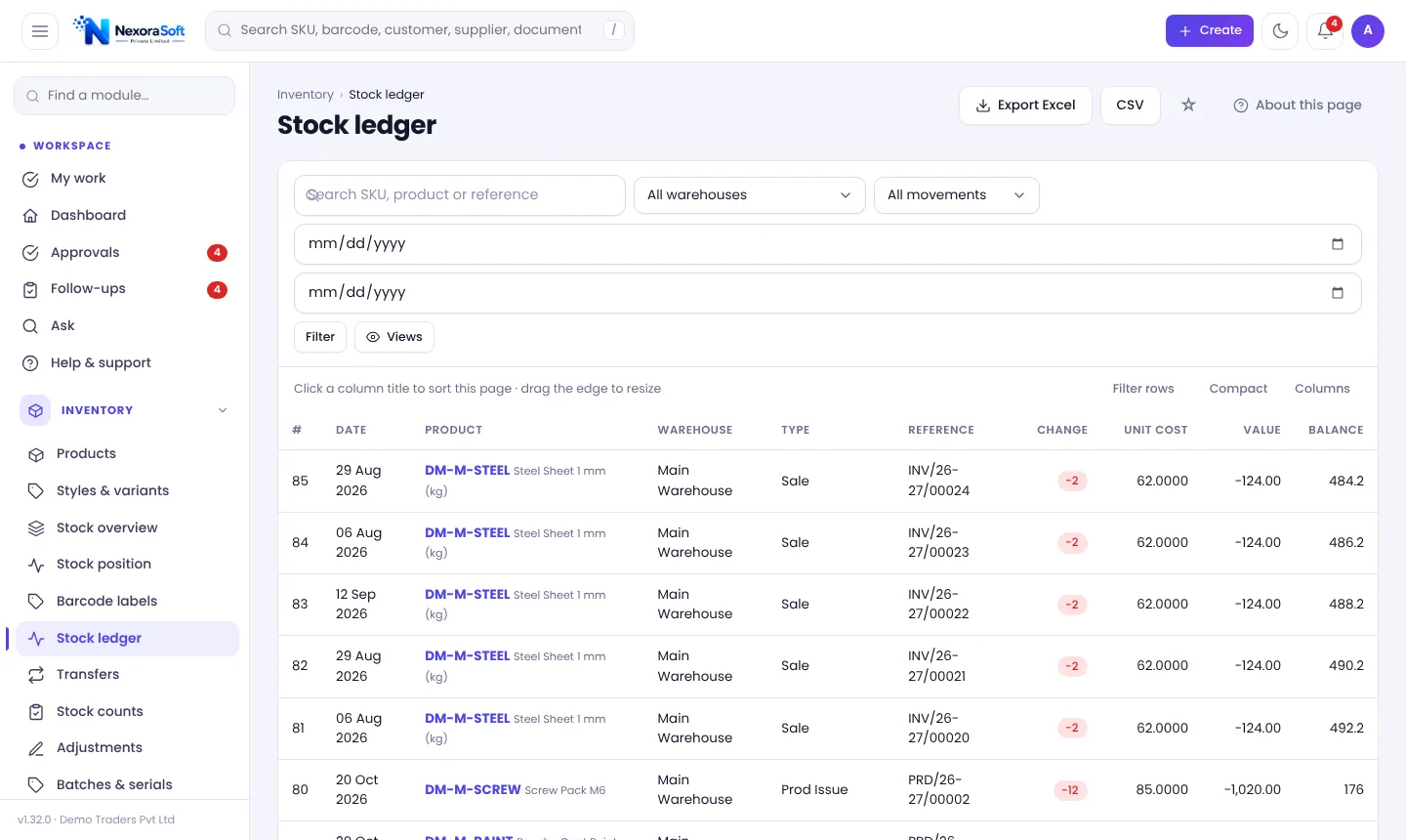 Stock ledger screen in NexoraIMS with date, product, warehouse, movement type, reference, quantity change, unit cost and balance