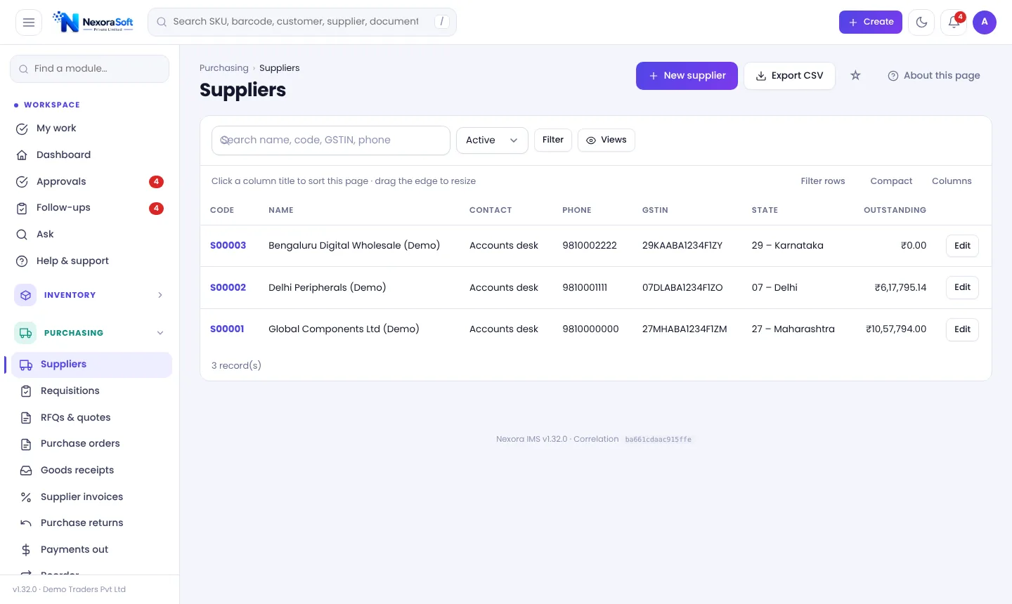 Suppliers list in NexoraIMS with supplier code, contact, phone, GSTIN, state and outstanding balance