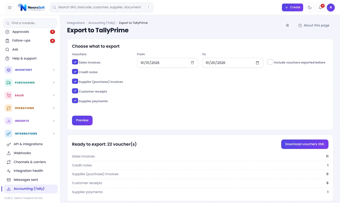 Export to TallyPrime screen in NexoraIMS with voucher types and counts ready to export