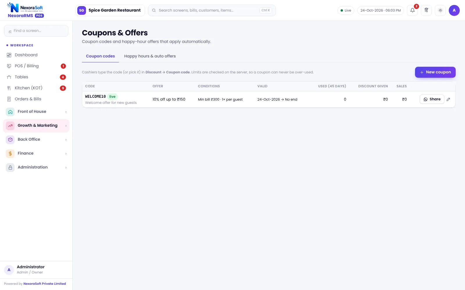 Coupons and happy hour offers screen in NexoraRMS-POS with coupon codes and time-based offers