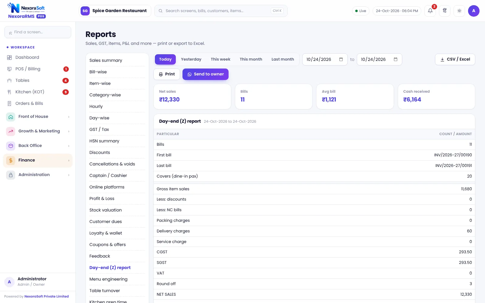 Day-end Z report in NexoraRMS-POS with sales, payments and tax summary for the day