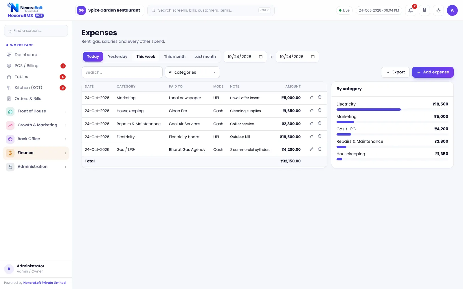 Expenses screen in NexoraRMS-POS with expense category, mode and amount