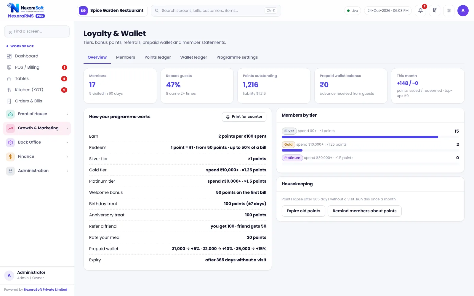 Loyalty and wallet screen in NexoraRMS-POS showing guest points, tier and wallet balance