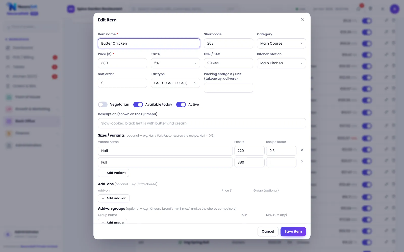 Menu item editor in NexoraRMS-POS for bakeries with sizes, add-ons and tax settings