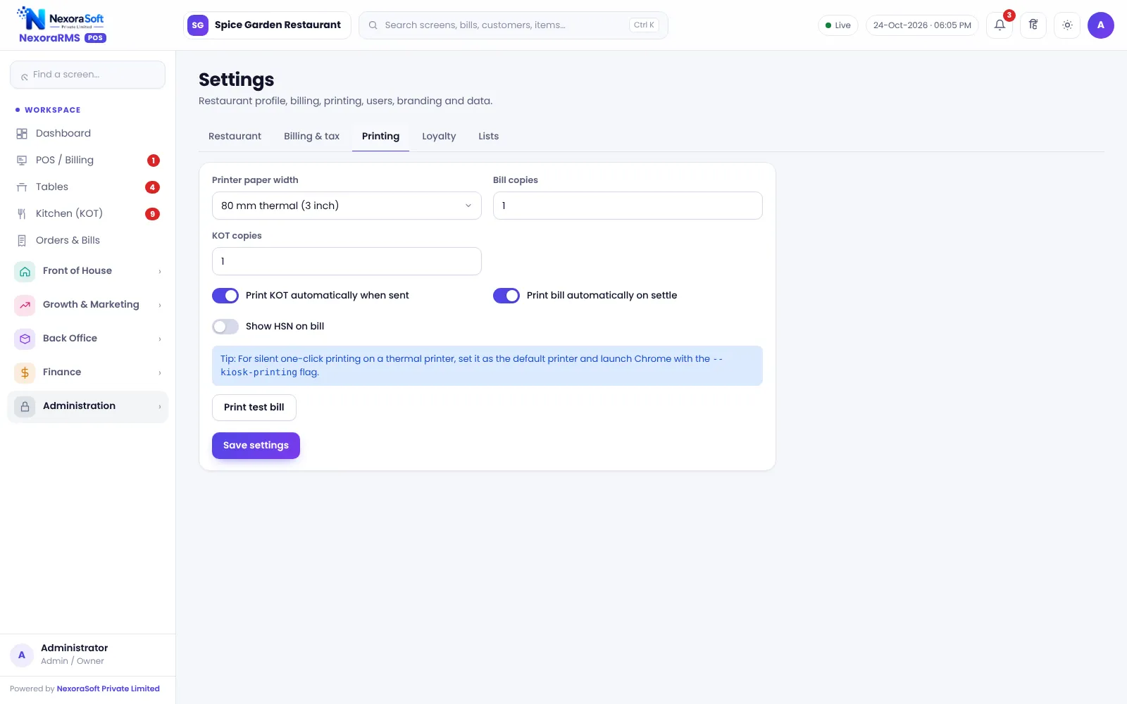 Printing settings screen in NexoraRMS-POS with bill width, KOT print and copies options