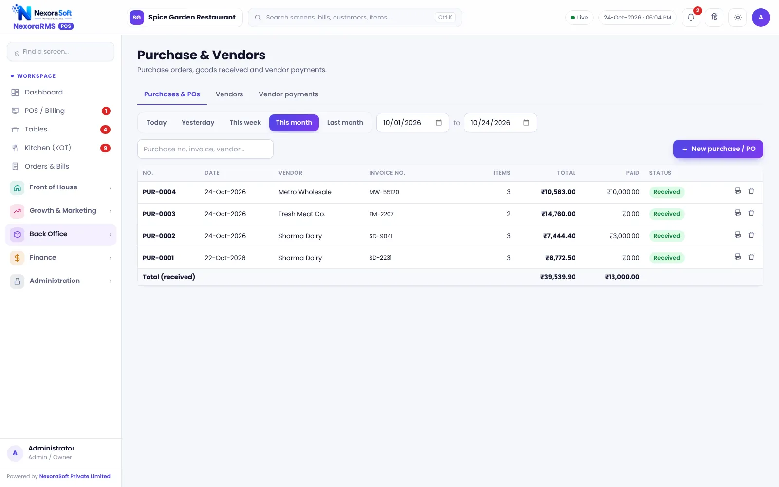 Purchases and vendors screen in NexoraRMS-POS with vendor list and balance payable