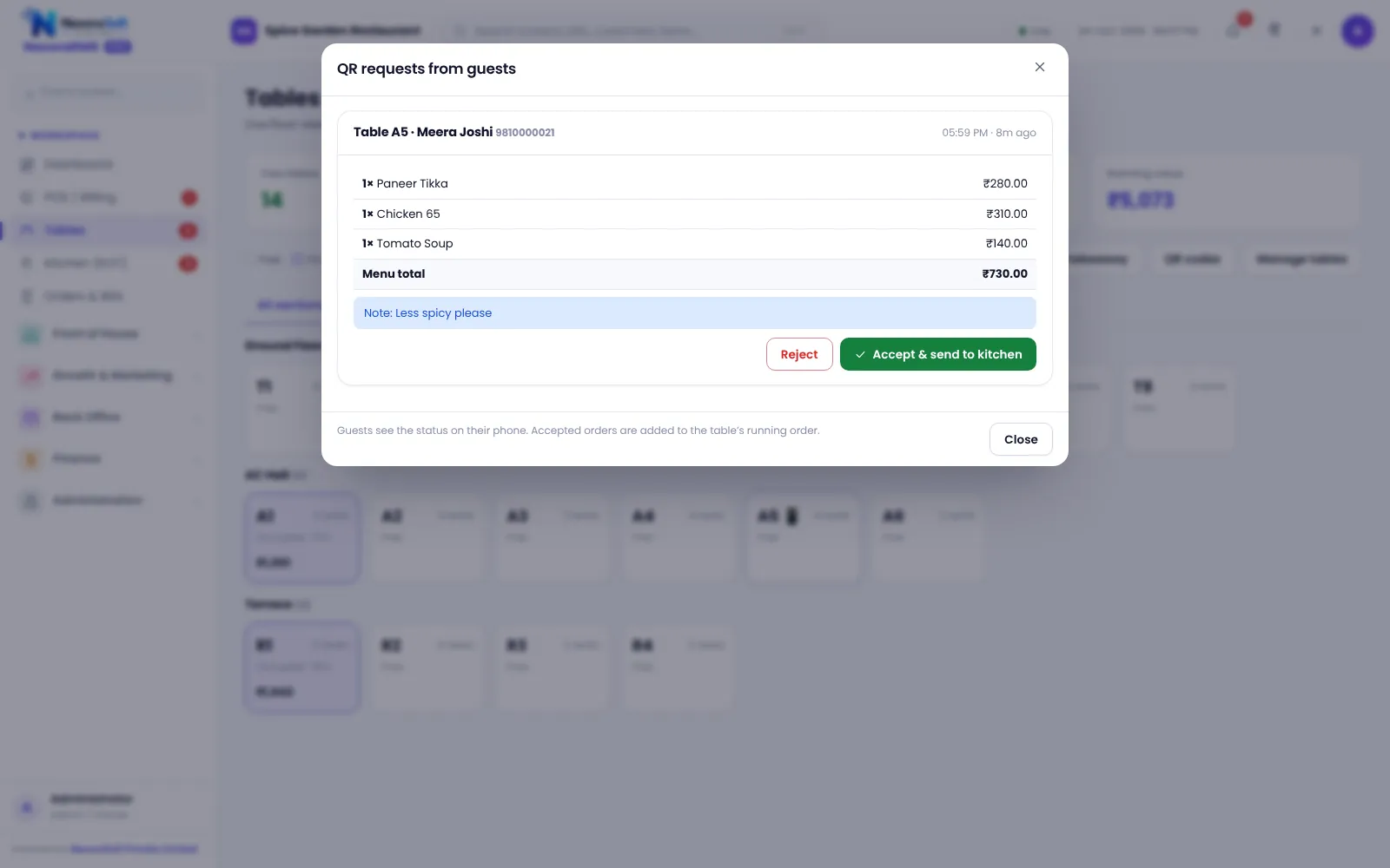 QR order requests screen in NexoraRMS-POS with a guest order from table A5 waiting to be accepted by staff