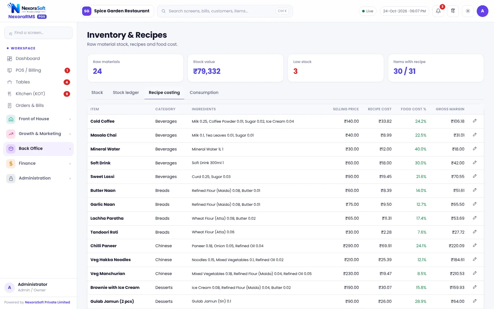 Recipe costing screen in NexoraRMS-POS restaurant inventory software showing raw material quantities, dish cost, food cost percentage and margin