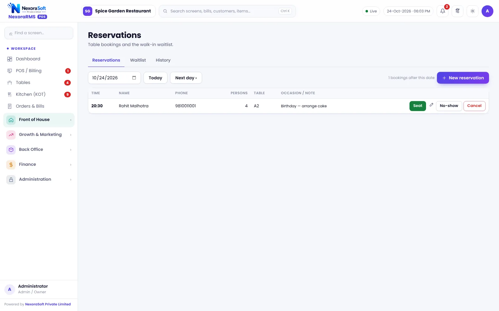 Reservations and waitlist screen in NexoraRMS-POS with bookings and walk-in waitlist