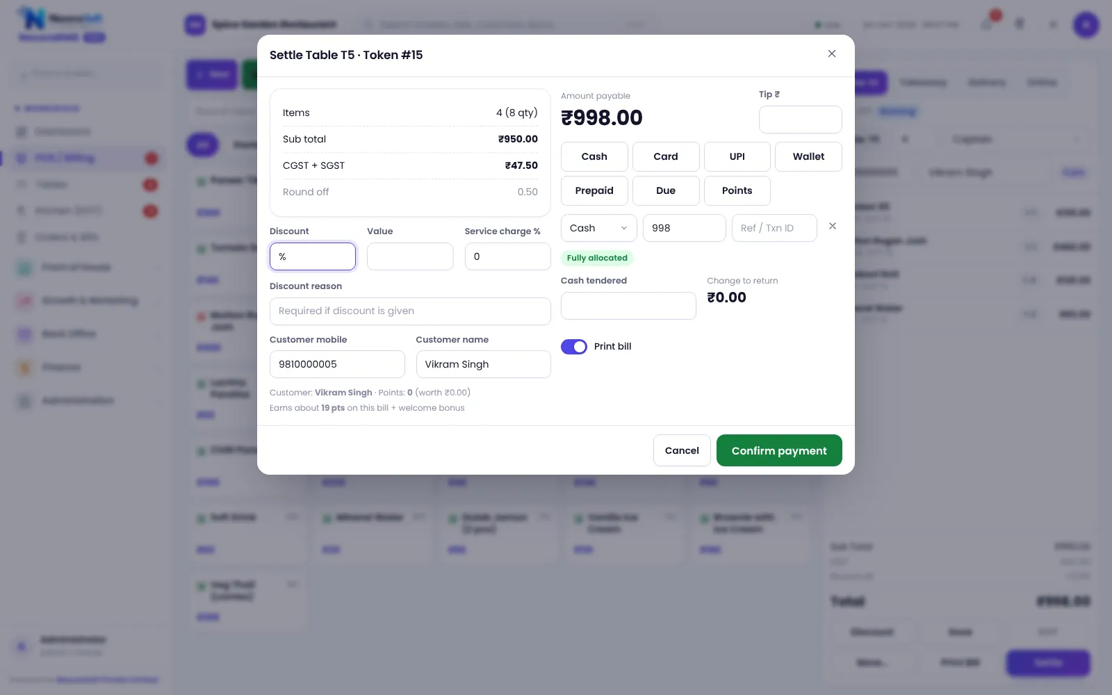 Settle bill screen in NexoraRMS-POS billing software with cash card UPI and wallet payment boxes and change due
