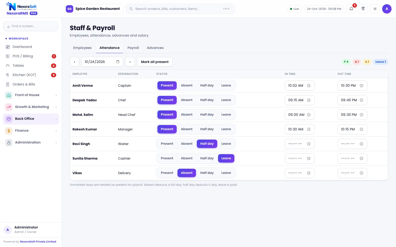 Staff attendance screen in NexoraRMS-POS with present, absent, half-day and leave marks