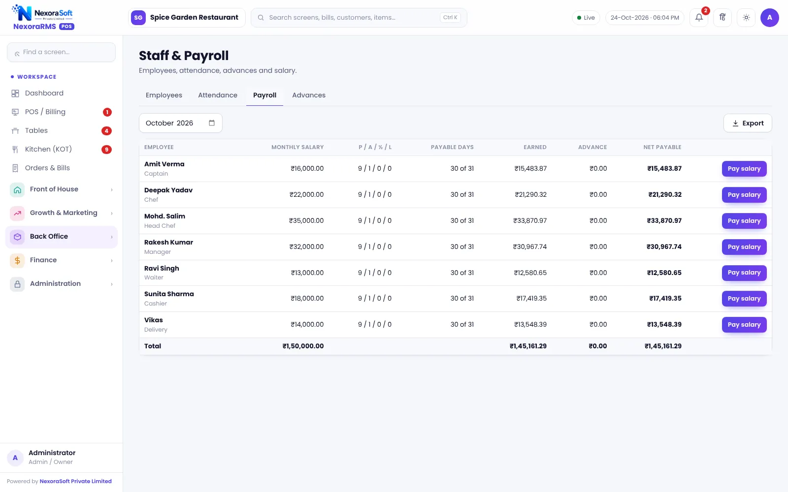 Staff payroll screen in NexoraRMS-POS with monthly salary, attendance days and net pay