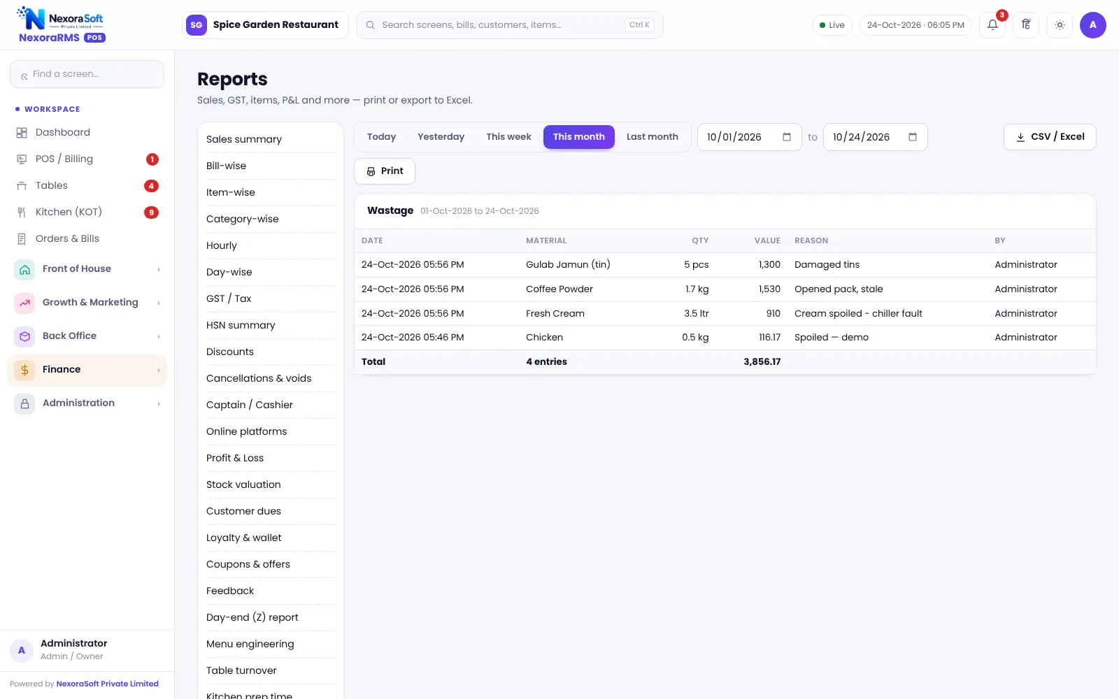 Stock variance and wastage report in NexoraRMS-POS showing expected and counted stock for raw materials