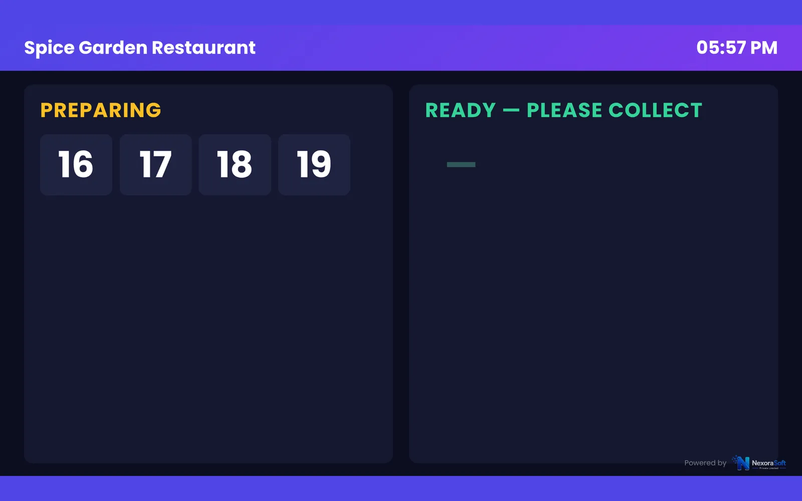 Token TV board from NexoraRMS-POS showing preparing and ready tokens for takeaway
