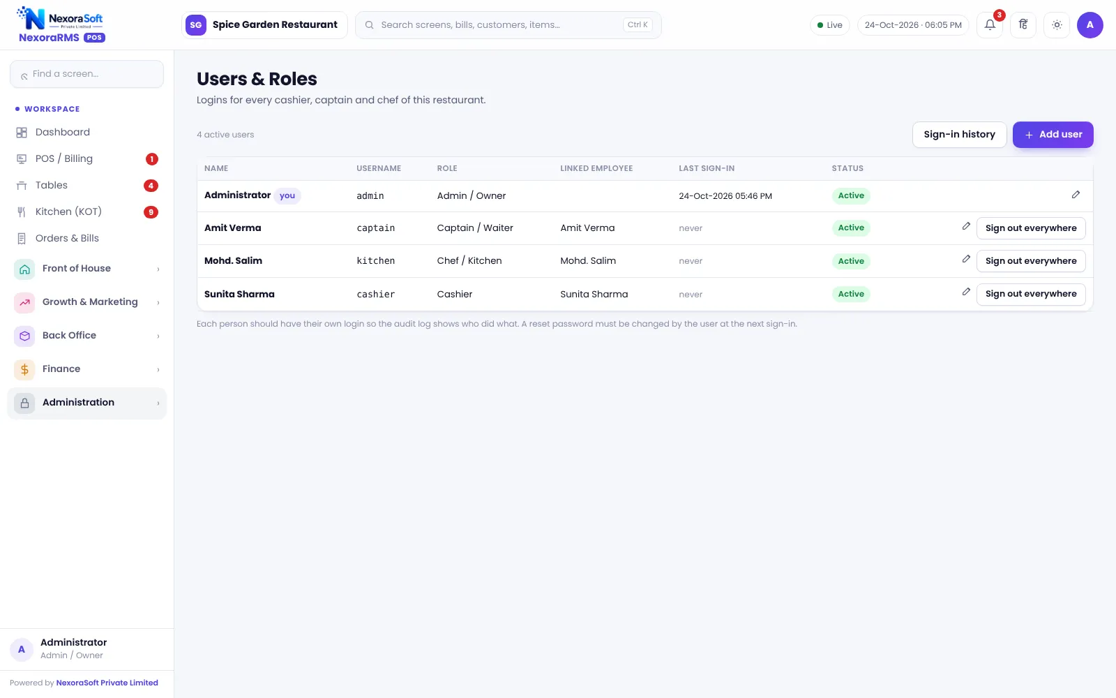 Users and roles screen in NexoraRMS-POS with admin, captain, kitchen and cashier logins
