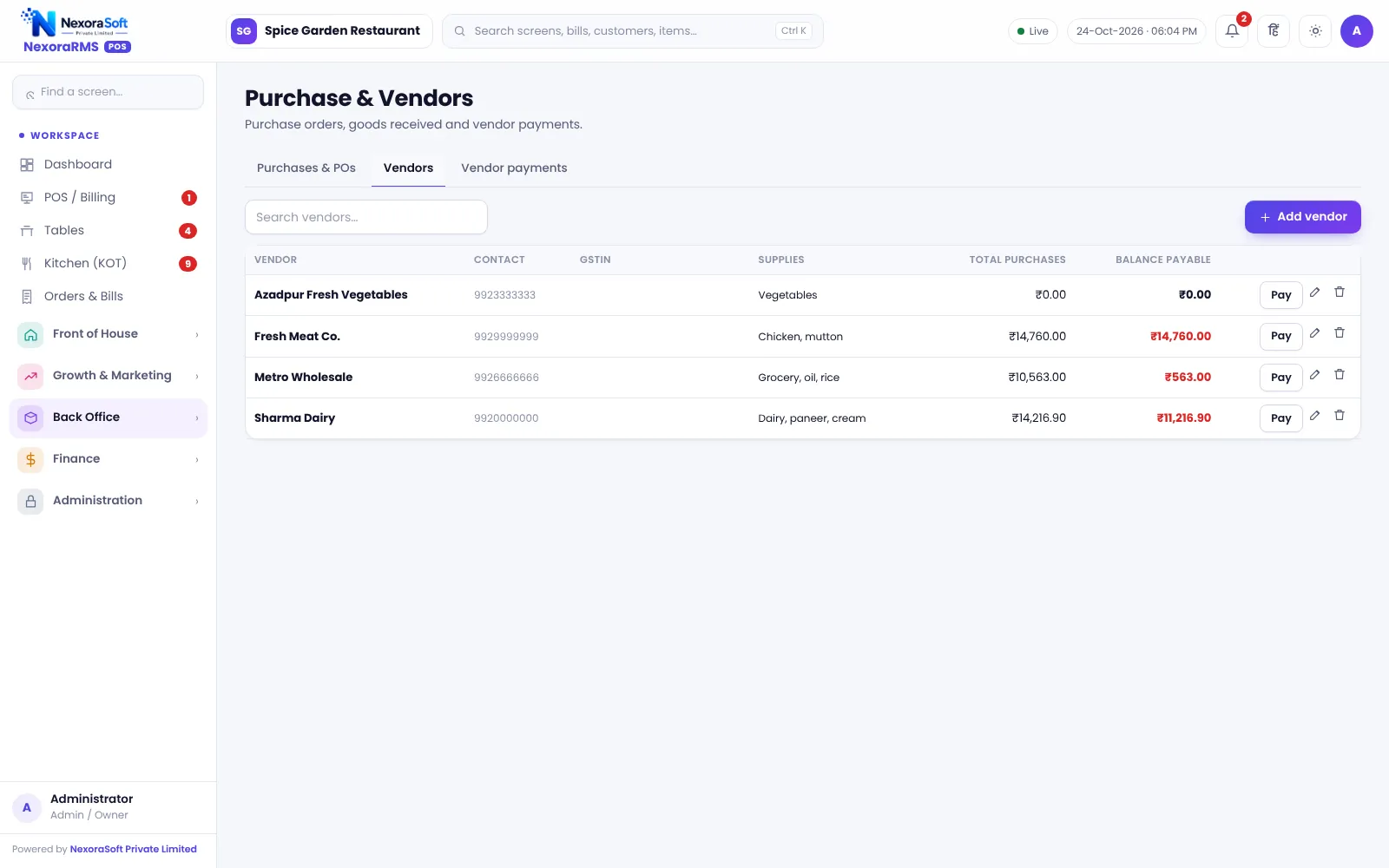 Vendor payments screen in NexoraRMS-POS with payments recorded against vendors