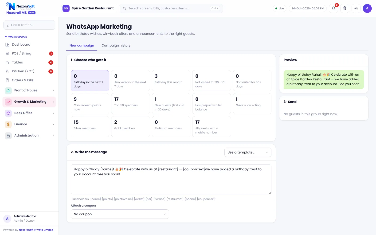 WhatsApp marketing screen in NexoraRMS-POS with guest segments, message editor and preview
